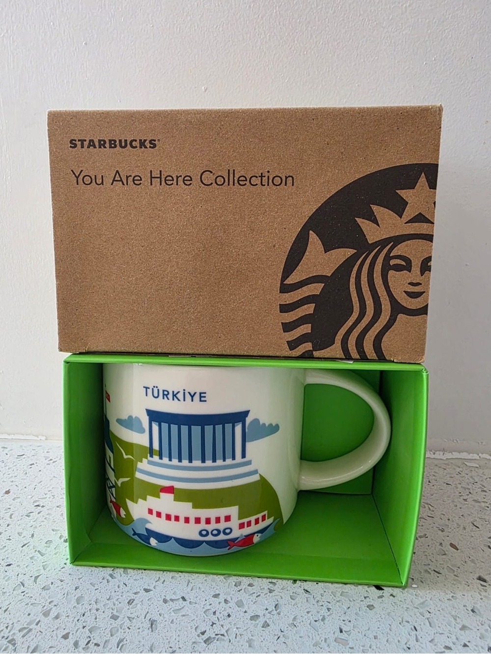 Starbucks Türkiye White Mug with Green Handle and Multicolor Design